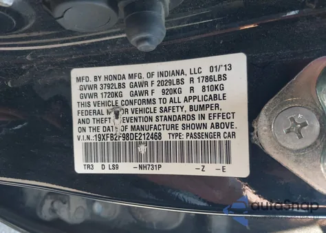 2013 Honda Civic Ex-L from USA, damaged, VIN 19XFB2F98DE212468